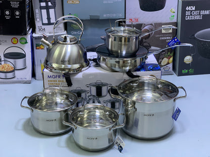 MGRF 12 Pieces Cookware Set Stainless Steel 18/10 Super Capsule Bottom