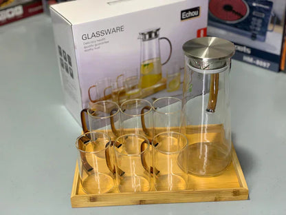 Tea Set with Wooden Tray 6 Glasses and Pot