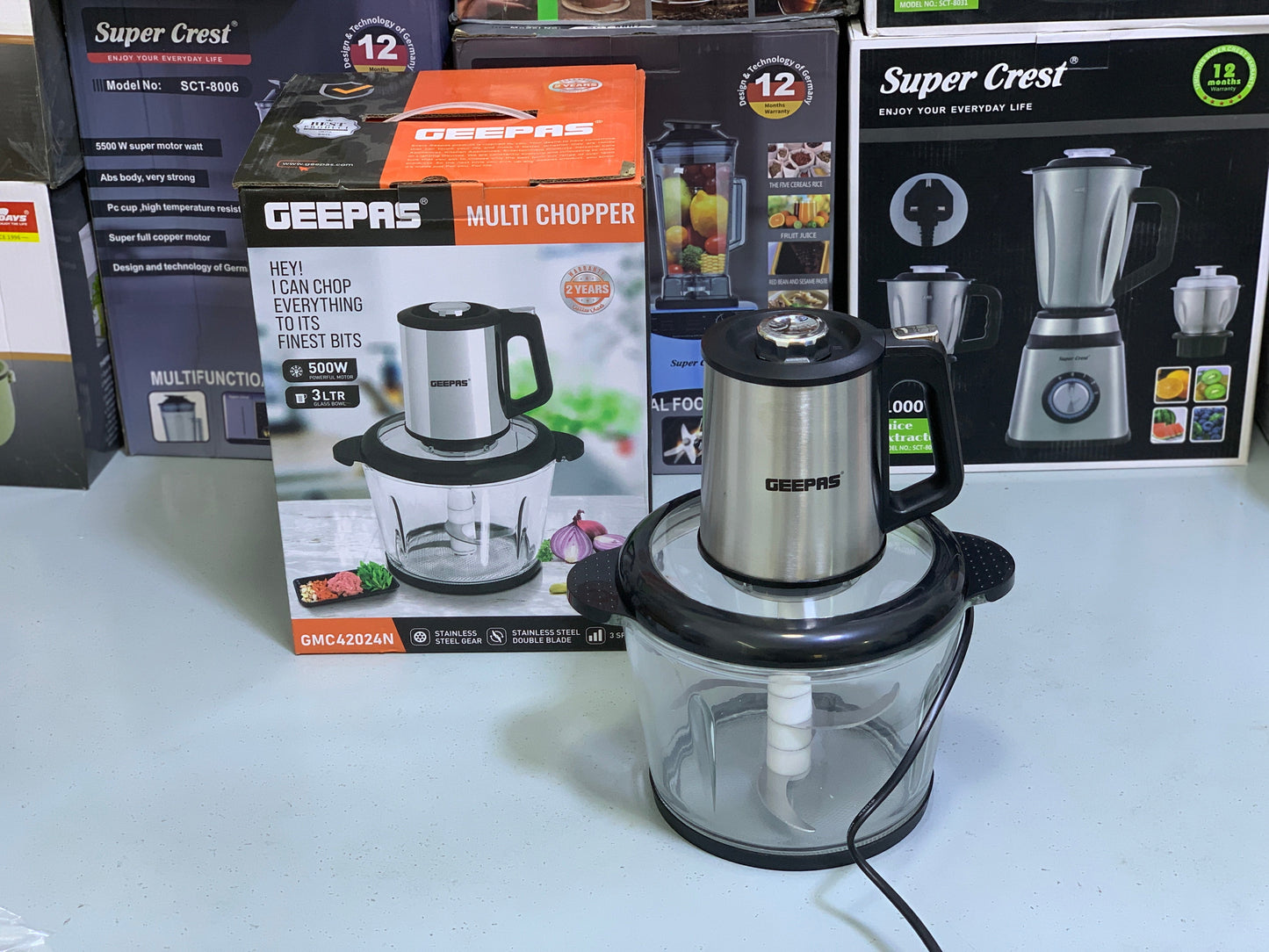 Geepas Multi-Functional Chopper – 5L Bowl | 500W Motor | Stainless Steel Blades | 2-Year Warranty