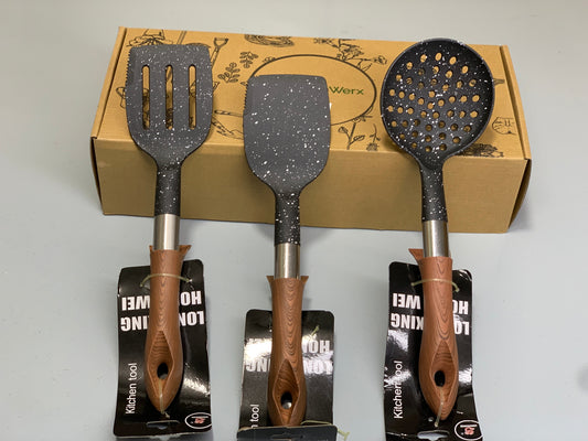 Kitchen Spoon Set 3 in 1 with wooden textured Handle